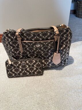 Coach Brown Signature Canvas Tote with Light Tan Leather Accents